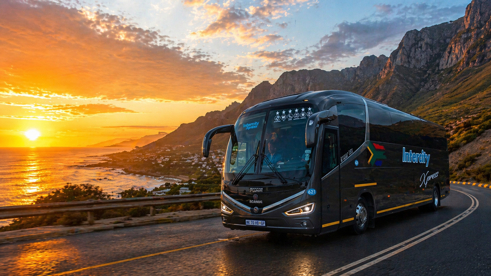 Intercity Xpress bus on a mountain road at sunset